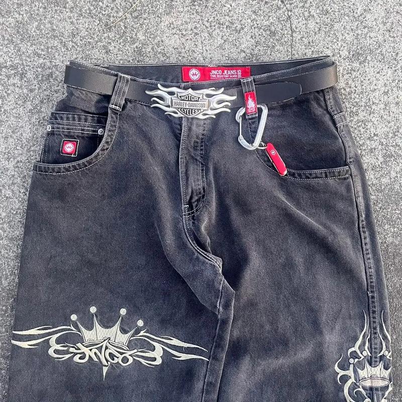 Festival Carnival]Jeans New Y2K Womens Harajuku Retro Hip Hop Embroidery Baggy Jeans Black Pants Gothic High Waisted Wide Trousers Streetwear Womenswear Bottom
